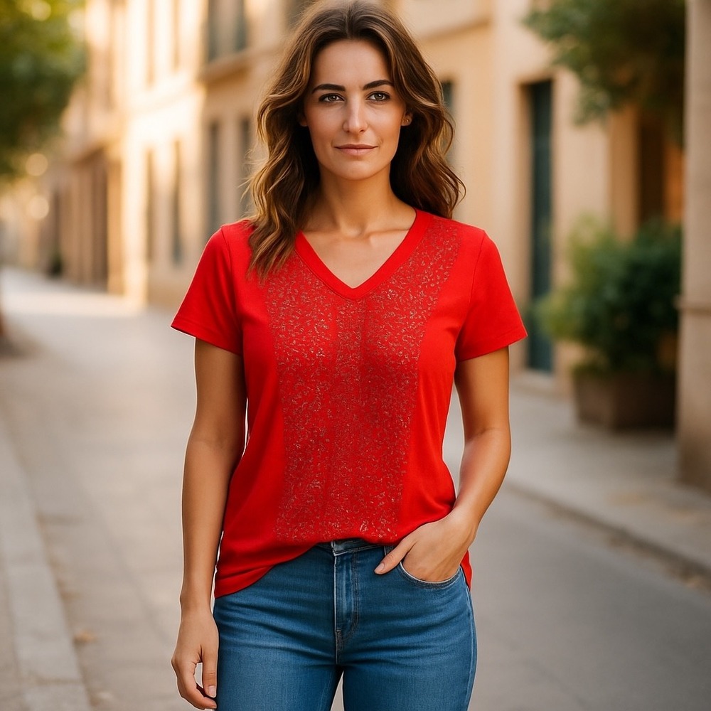 Rafaella Petite Red Sequin Embellished V-Neck Top Blouse Petite Small